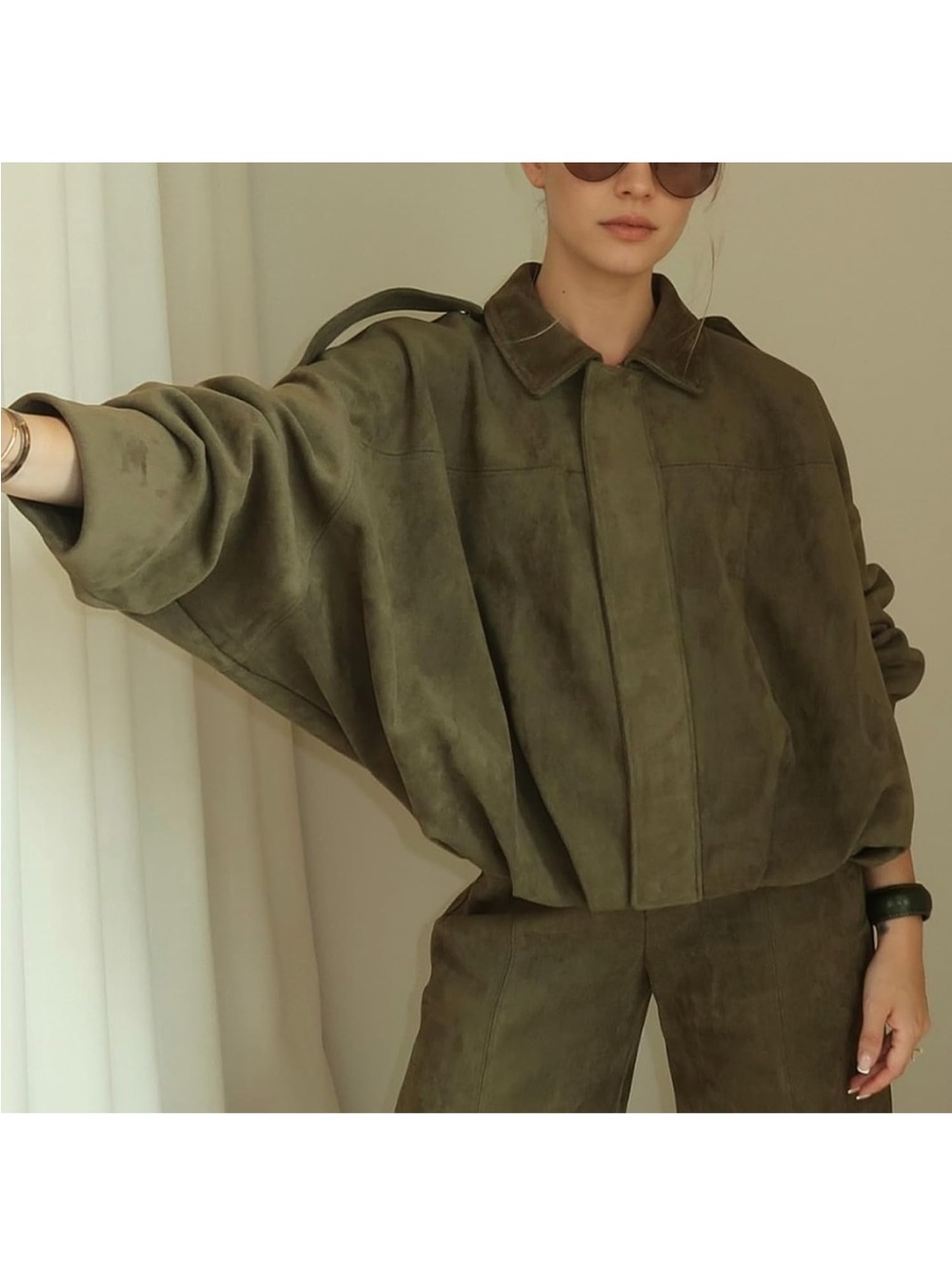 NWT Amazon Talakeno Faux Suede Boxy Fit Cropped Bomber Jacket Army Green $44.99